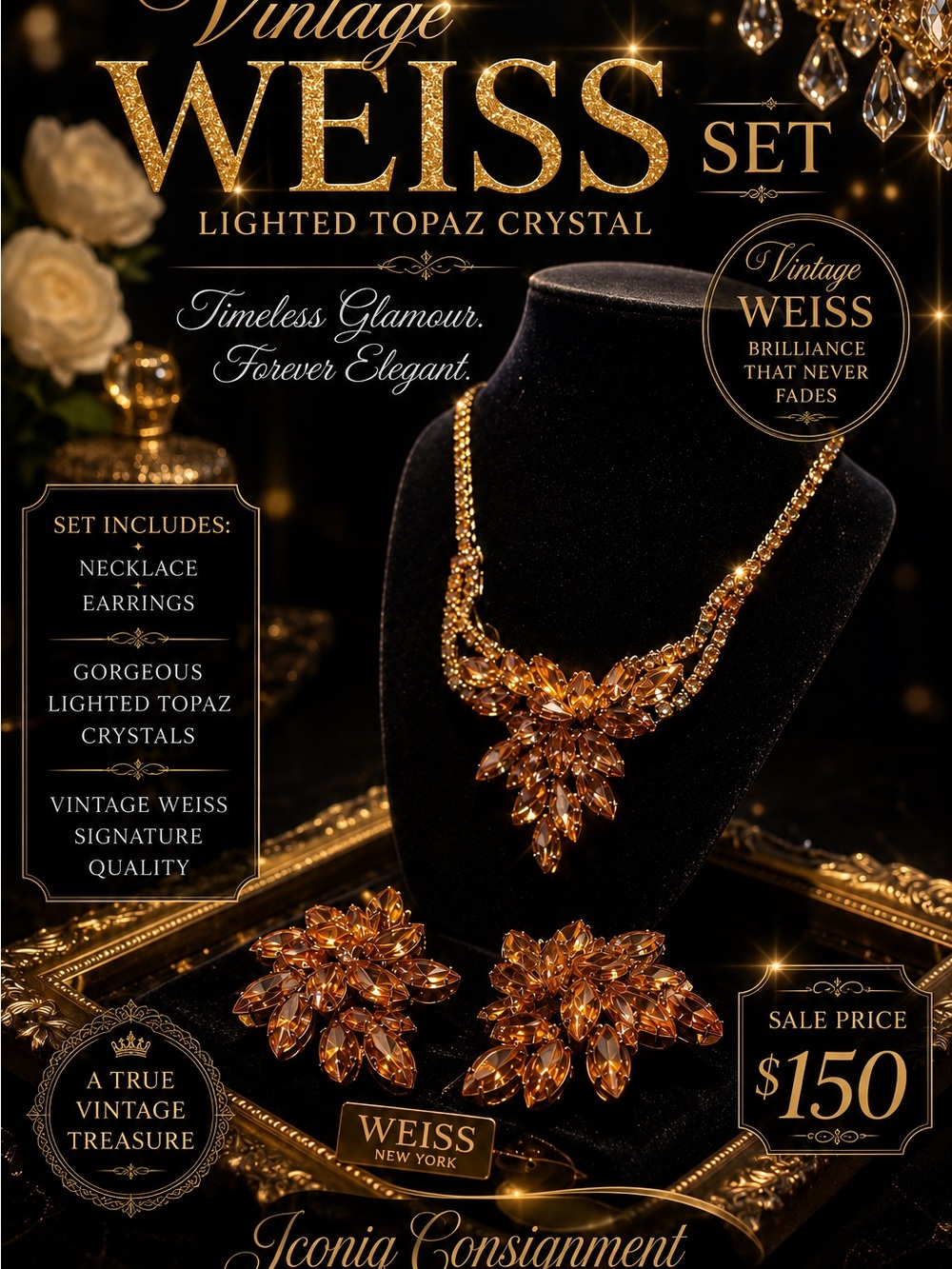 Albert Weiss Gold Lighted Topaz Crystal Necklace and Earrings Set